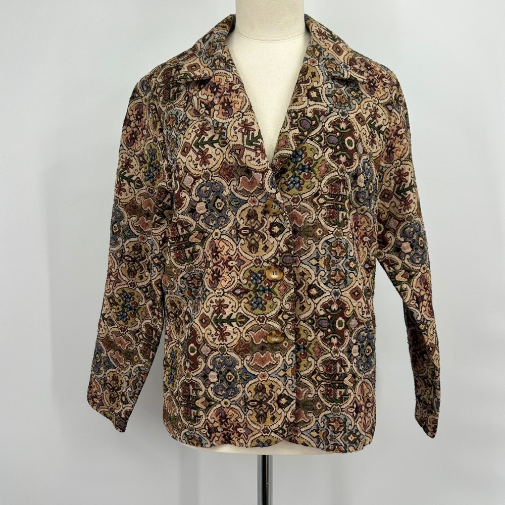 Gemilli Vintage Tapestry Blazer Jacket Floral Medallion Petite XL Made in USA